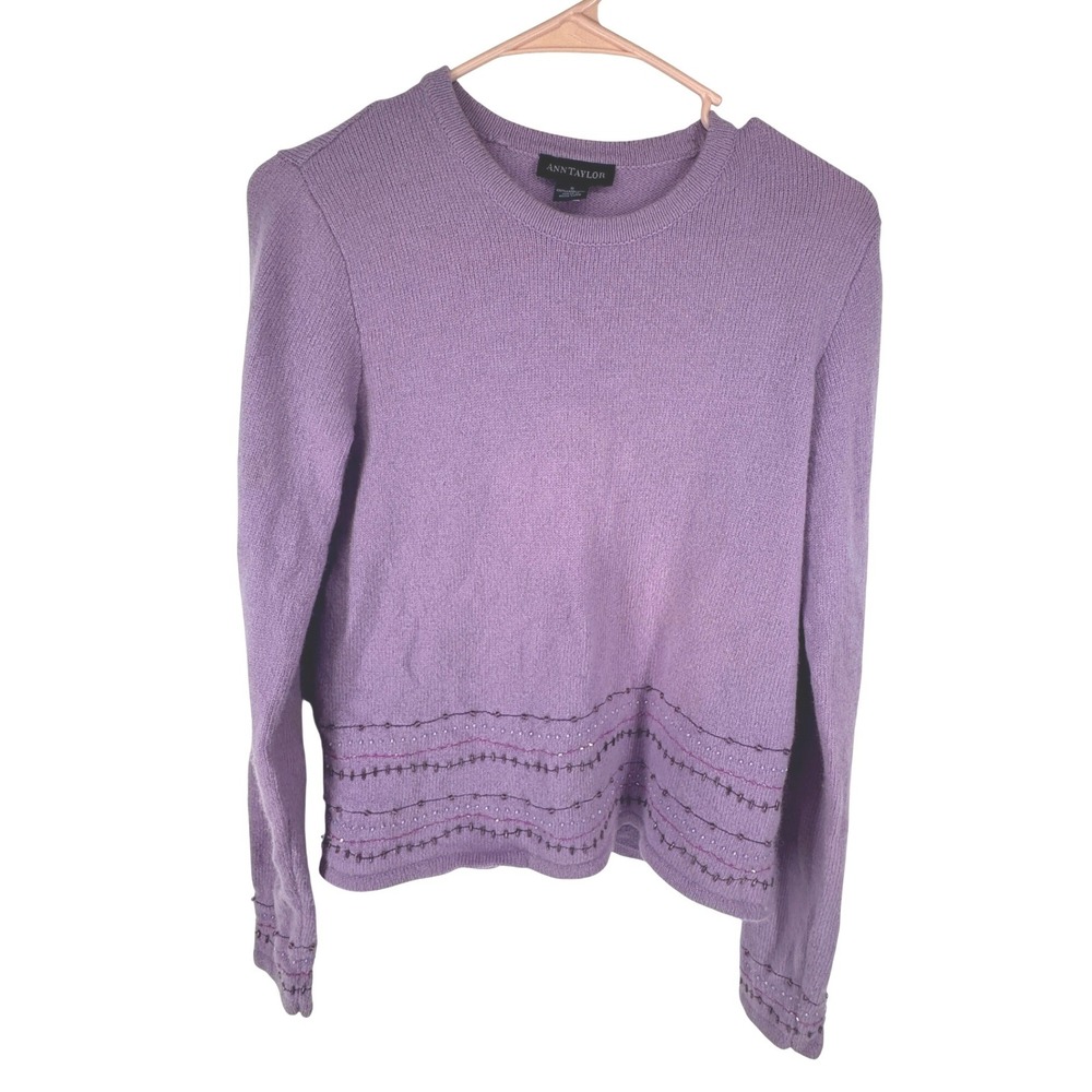 Ann Taylor Vintage Lambswool Beaded Crew Sweater Size S Boho Purple Dainty Fairy